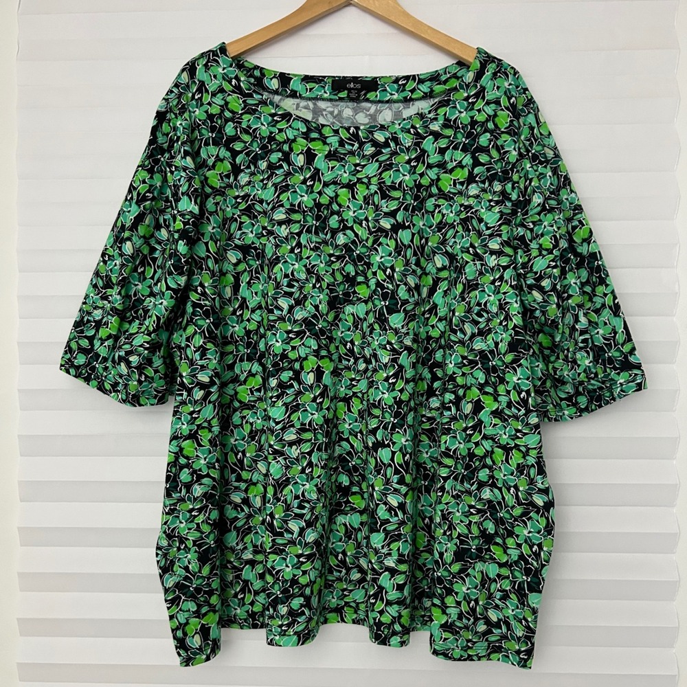 Ellos Womens 3X Green Black‎ Floral Leaf Print Cotton Knit Top Tee St. Patrick's